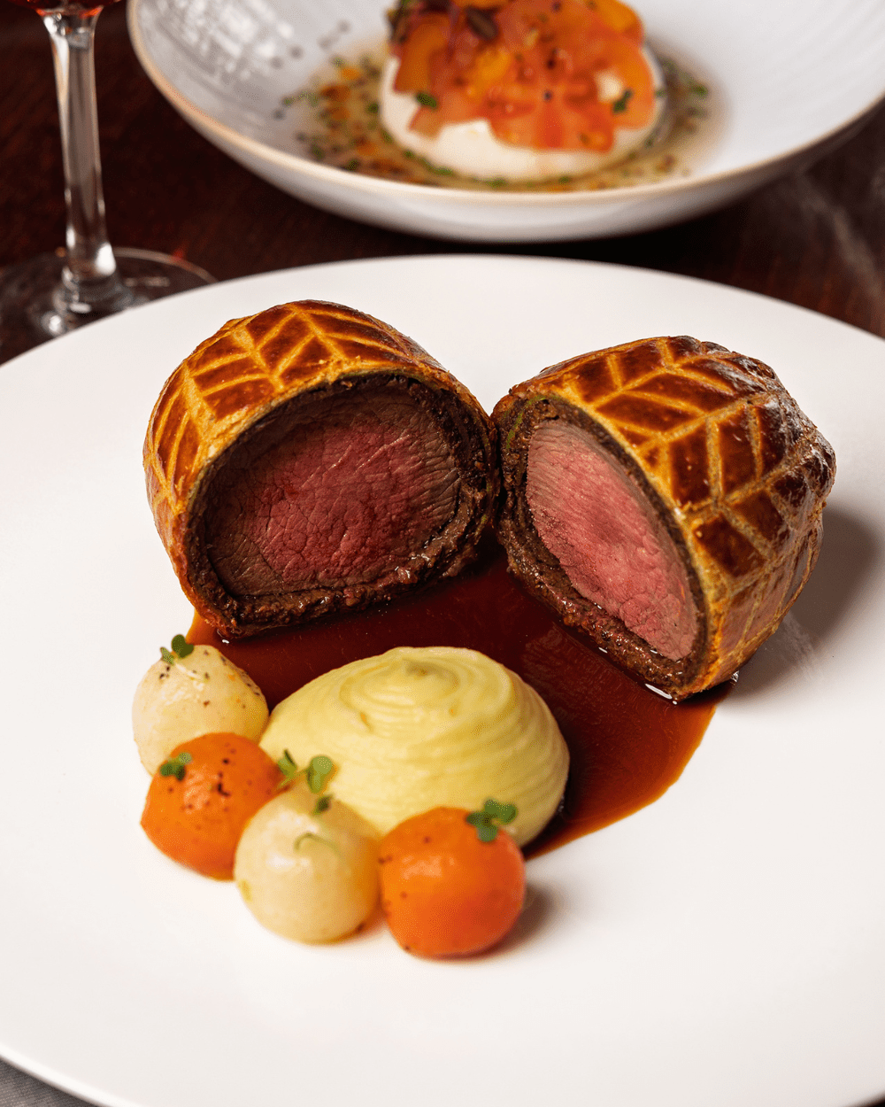Gordon Ramsay Beef Wellington with potato puree served at Hell's Kitchen at the Cumberland Hotel