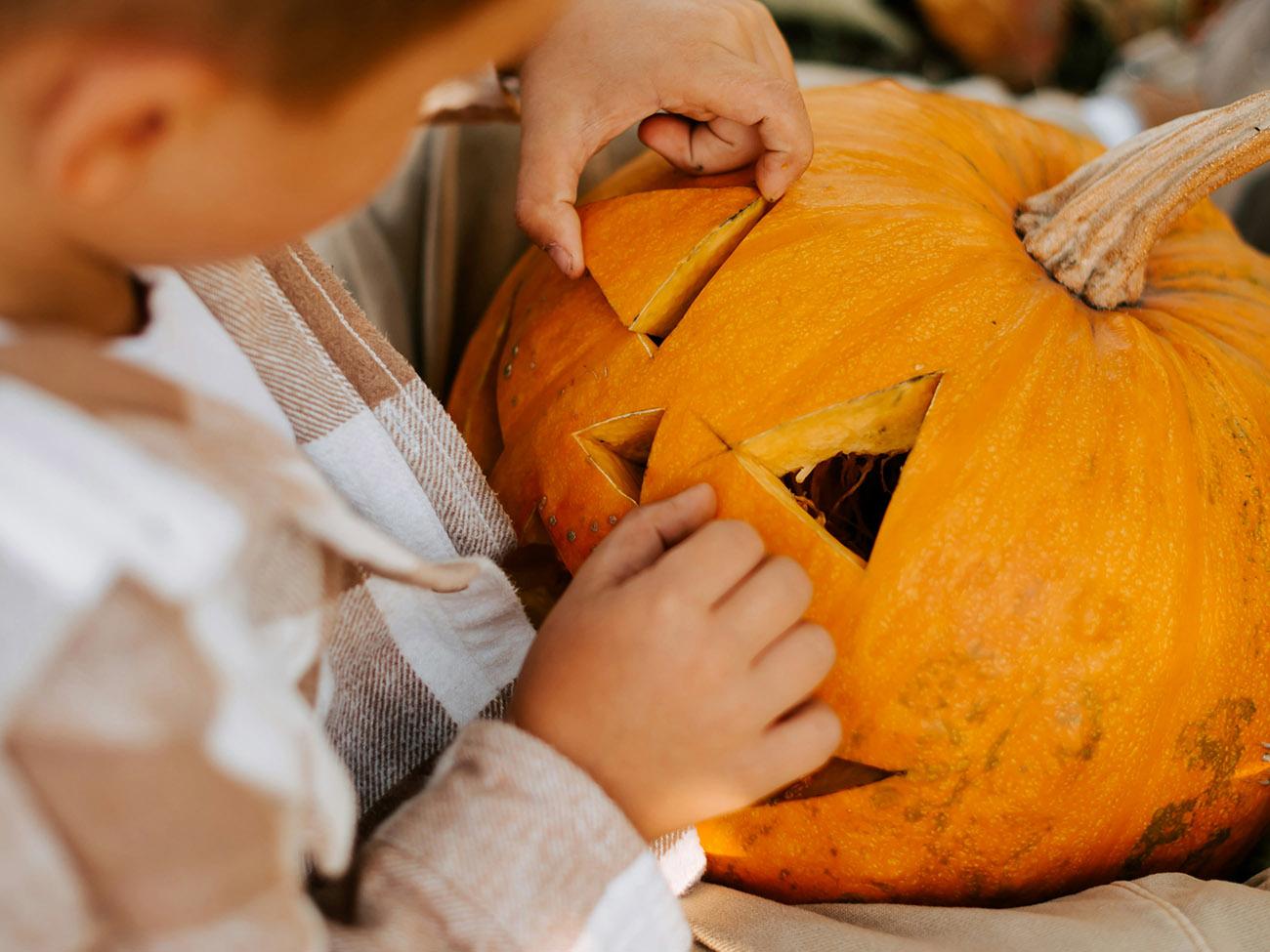 A young child holding a pumpkin