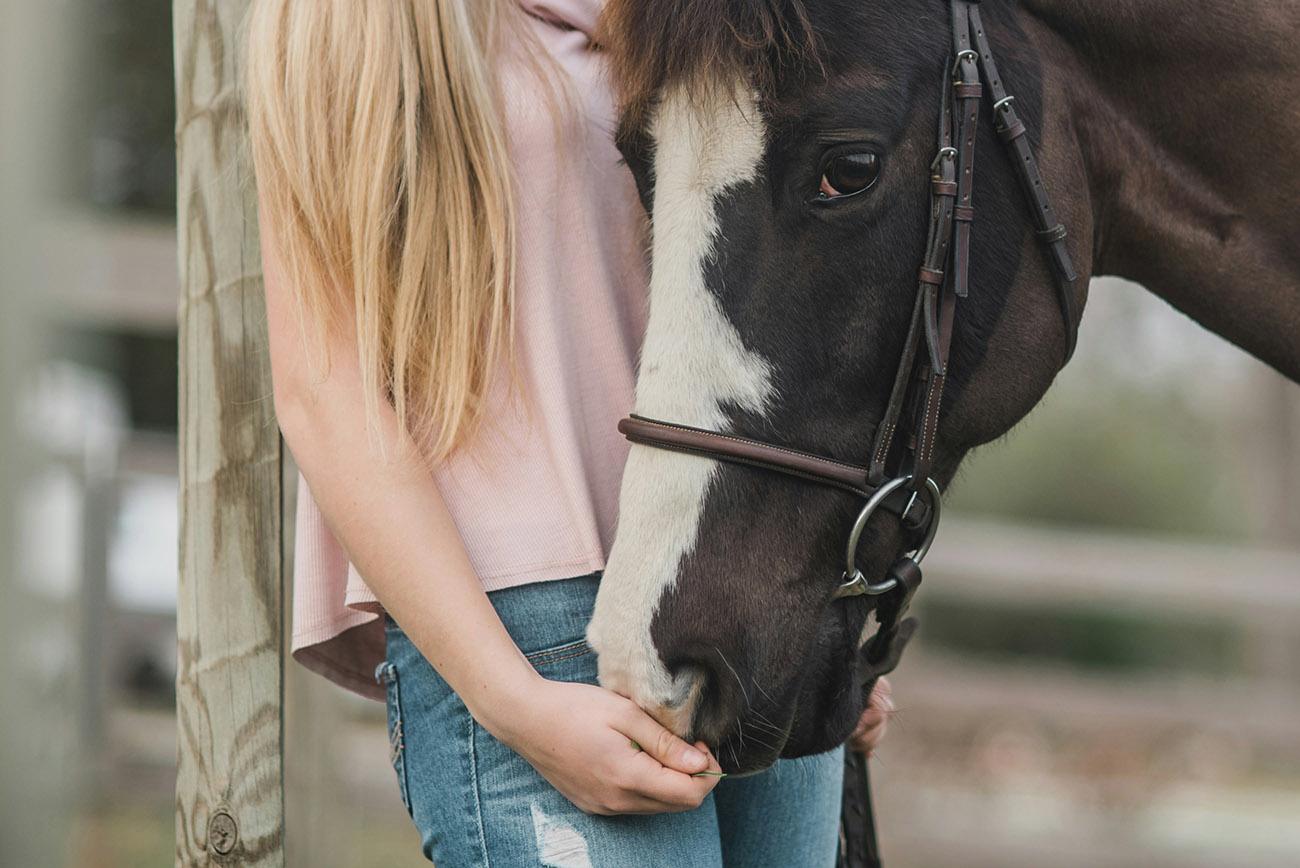 A young girl feeding a horse
